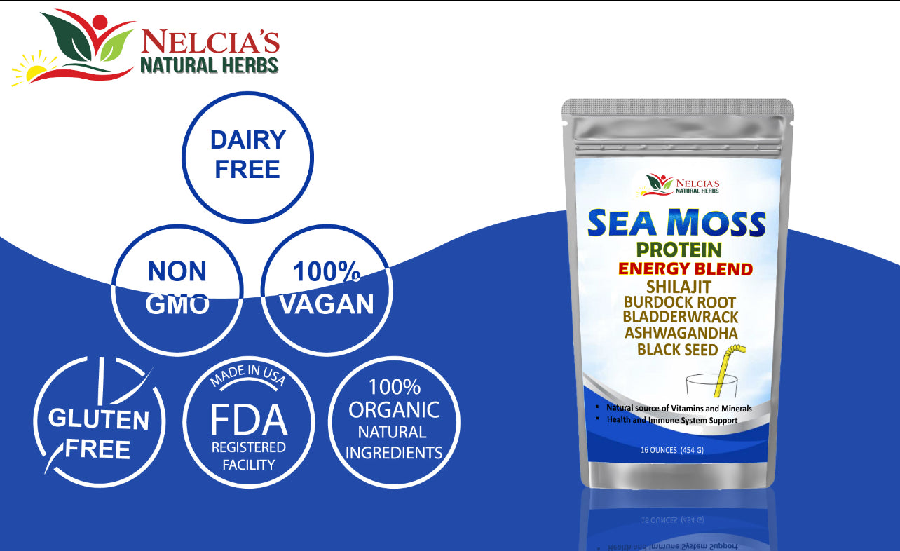 Nelcia's Natural Herbs Sea Moss & Ashwagandha Protein Powder with Black Seed & Shilajit – 16oz